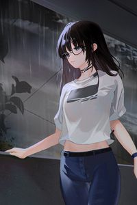 Preview wallpaper girl, glasses, sadness, rain, anime