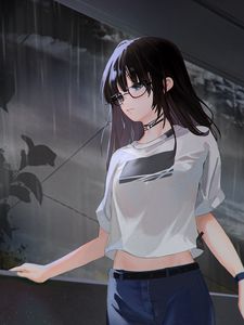 Preview wallpaper girl, glasses, sadness, rain, anime