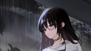 Preview wallpaper girl, glasses, sadness, rain, anime