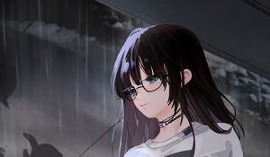 Preview wallpaper girl, glasses, sadness, rain, anime