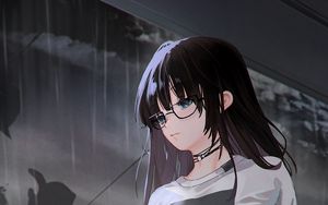 Preview wallpaper girl, glasses, sadness, rain, anime