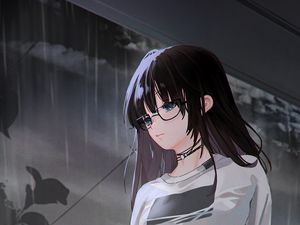 Preview wallpaper girl, glasses, sadness, rain, anime