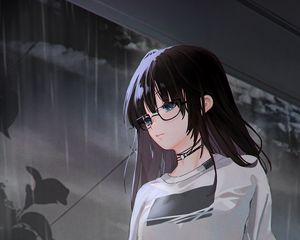 Preview wallpaper girl, glasses, sadness, rain, anime