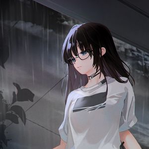 Preview wallpaper girl, glasses, sadness, rain, anime