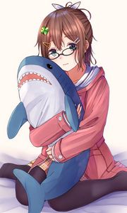 Preview wallpaper girl, glasses, shark, toy, anime