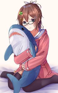 Preview wallpaper girl, glasses, shark, toy, anime