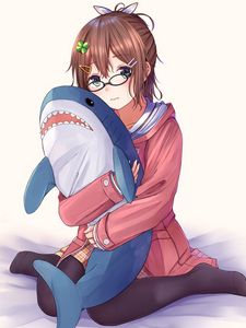 Preview wallpaper girl, glasses, shark, toy, anime