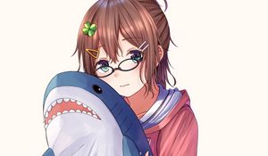 Preview wallpaper girl, glasses, shark, toy, anime