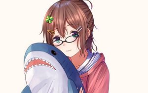 Preview wallpaper girl, glasses, shark, toy, anime