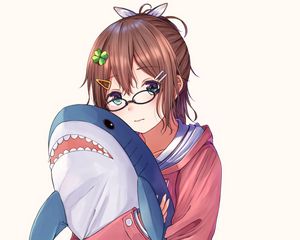 Preview wallpaper girl, glasses, shark, toy, anime