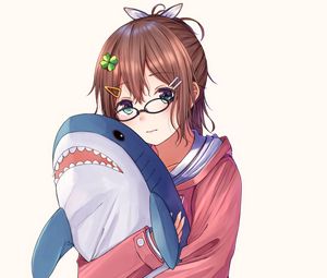 Preview wallpaper girl, glasses, shark, toy, anime