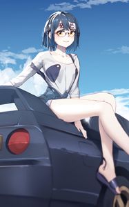 Preview wallpaper girl, glasses, smile, car, anime, art