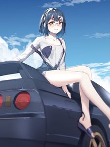 Preview wallpaper girl, glasses, smile, car, anime, art