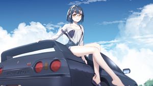 Preview wallpaper girl, glasses, smile, car, anime, art