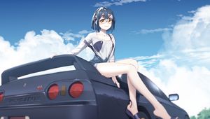 Preview wallpaper girl, glasses, smile, car, anime, art