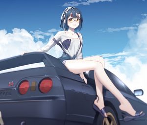 Preview wallpaper girl, glasses, smile, car, anime, art