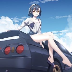 Preview wallpaper girl, glasses, smile, car, anime, art