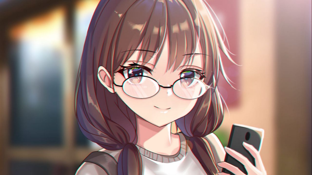 Wallpaper girl, glasses, smile, phone, style, anime