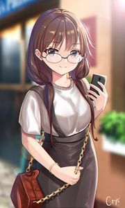 Preview wallpaper girl, glasses, smile, phone, style, anime