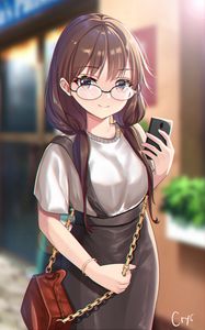 Preview wallpaper girl, glasses, smile, phone, style, anime