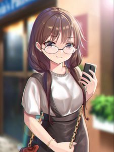 Preview wallpaper girl, glasses, smile, phone, style, anime