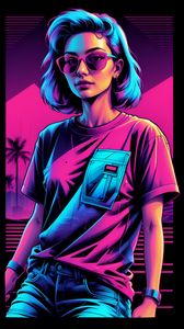Preview wallpaper girl, glasses, t-shirt, purple, art