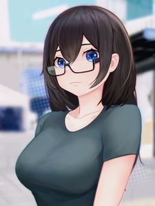 Preview wallpaper girl, glasses, t-shirt, anime