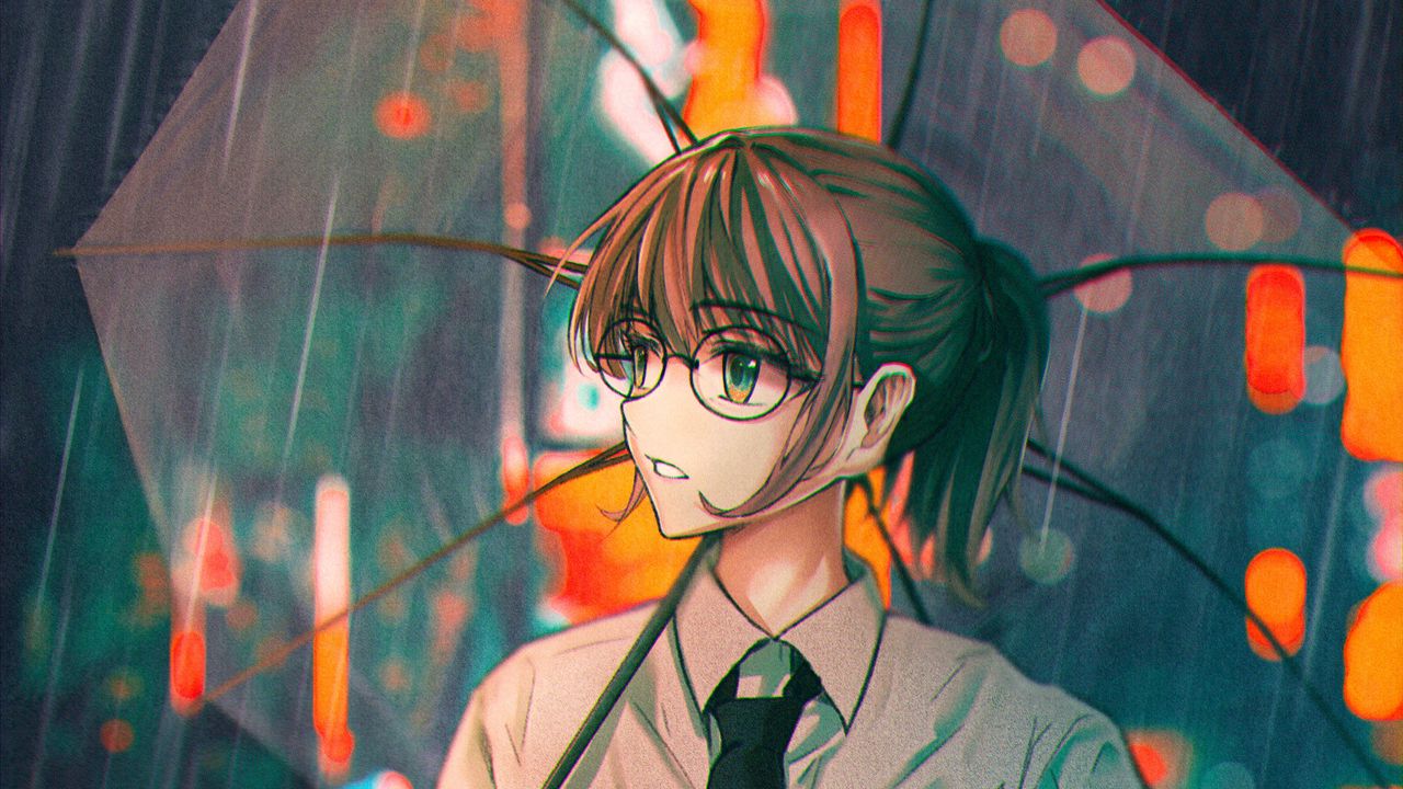 Wallpaper girl, glasses, umbrella, rain, anime