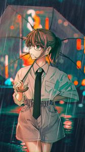 Preview wallpaper girl, glasses, umbrella, rain, anime