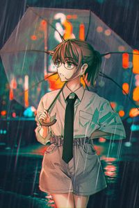 Preview wallpaper girl, glasses, umbrella, rain, anime