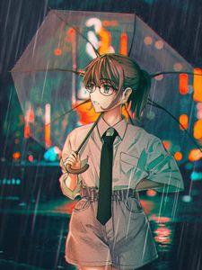 Preview wallpaper girl, glasses, umbrella, rain, anime