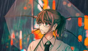 Preview wallpaper girl, glasses, umbrella, rain, anime