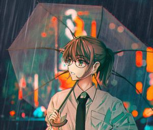 Preview wallpaper girl, glasses, umbrella, rain, anime