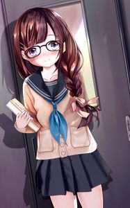 Preview wallpaper girl, glasses, uniform, anime, art, cartoon