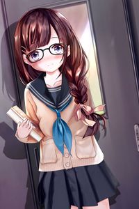 Preview wallpaper girl, glasses, uniform, anime, art, cartoon