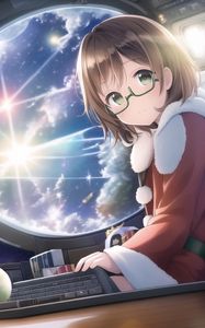 Preview wallpaper girl, glasses, window, clouds, anime