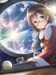 Preview wallpaper girl, glasses, window, clouds, anime