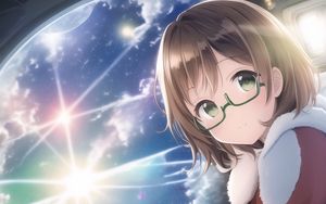 Preview wallpaper girl, glasses, window, clouds, anime