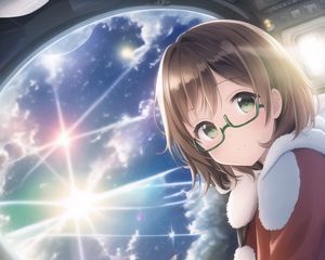 Preview wallpaper girl, glasses, window, clouds, anime