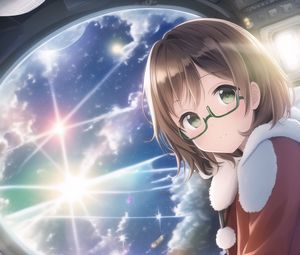 Preview wallpaper girl, glasses, window, clouds, anime