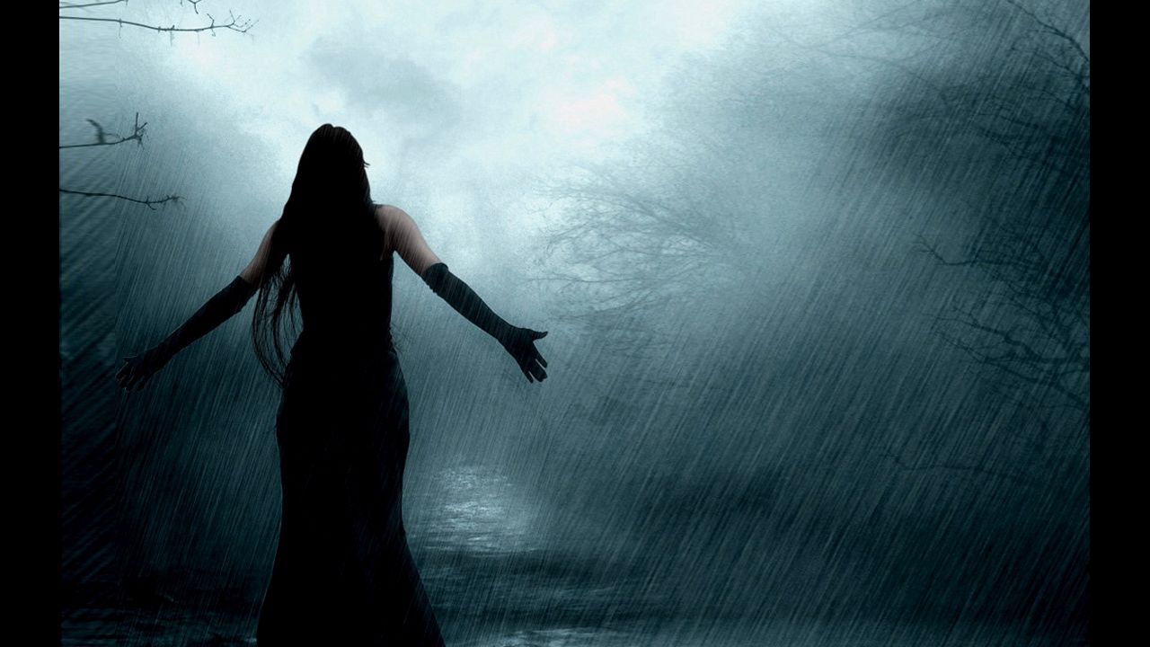 Wallpaper girl, gloom, rain, raven