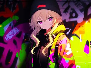 Preview wallpaper girl, graffiti, bright, art, anime