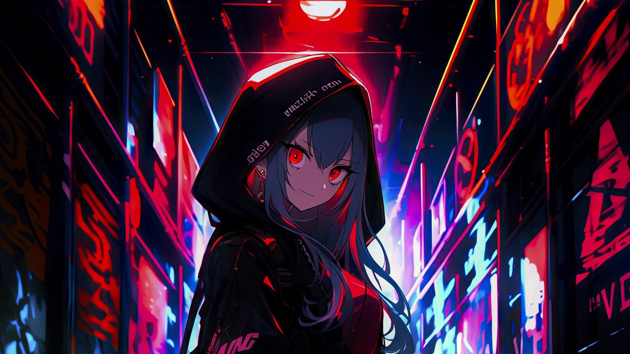 Wallpaper girl, graffiti, neon, alley, anime