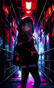 Preview wallpaper girl, graffiti, neon, alley, anime