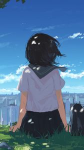 Preview wallpaper girl, grass, city, anime, art, cartoon