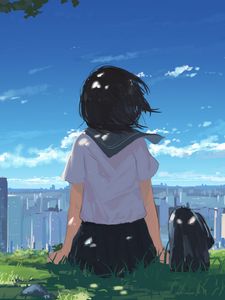 Preview wallpaper girl, grass, city, anime, art, cartoon