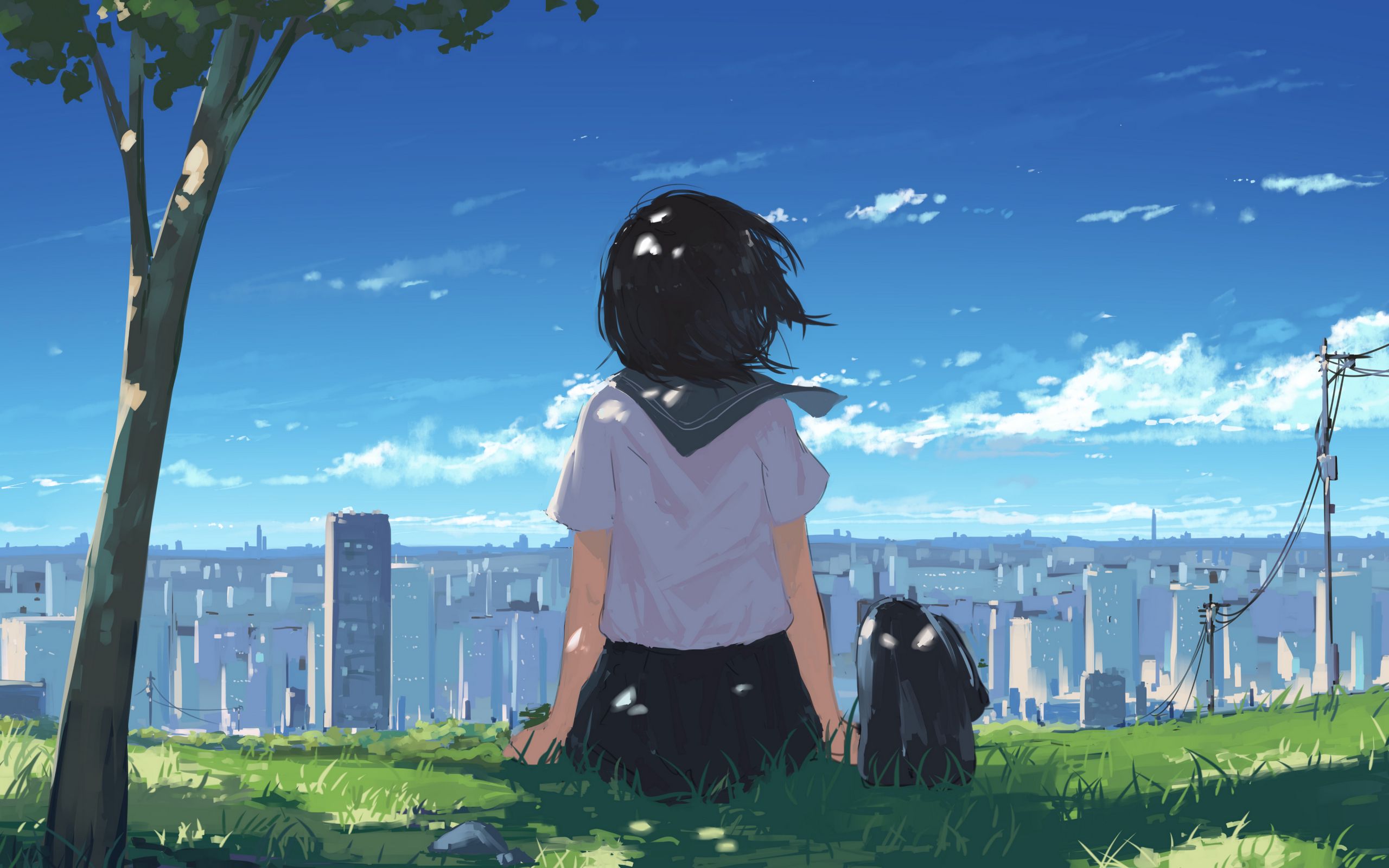 Download wallpaper 2560x1600 girl, grass, city, anime, art, cartoon  widescreen 16:10 hd background