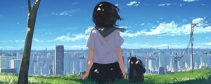 Preview wallpaper girl, grass, city, anime, art, cartoon