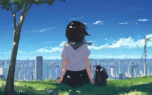 Preview wallpaper girl, grass, city, anime, art, cartoon