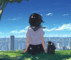 Preview wallpaper girl, grass, city, anime, art, cartoon